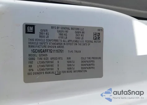 2016 Chevrolet Express 2500 Work Van z USA, uszkodzony, nr VIN 1GCWGAFF7G1116761